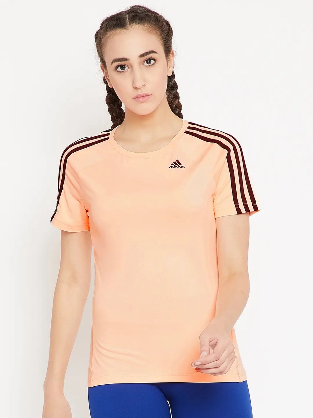 adidas Peach Short-Sleeve Tee with Dark Stripe Shoulder Detail